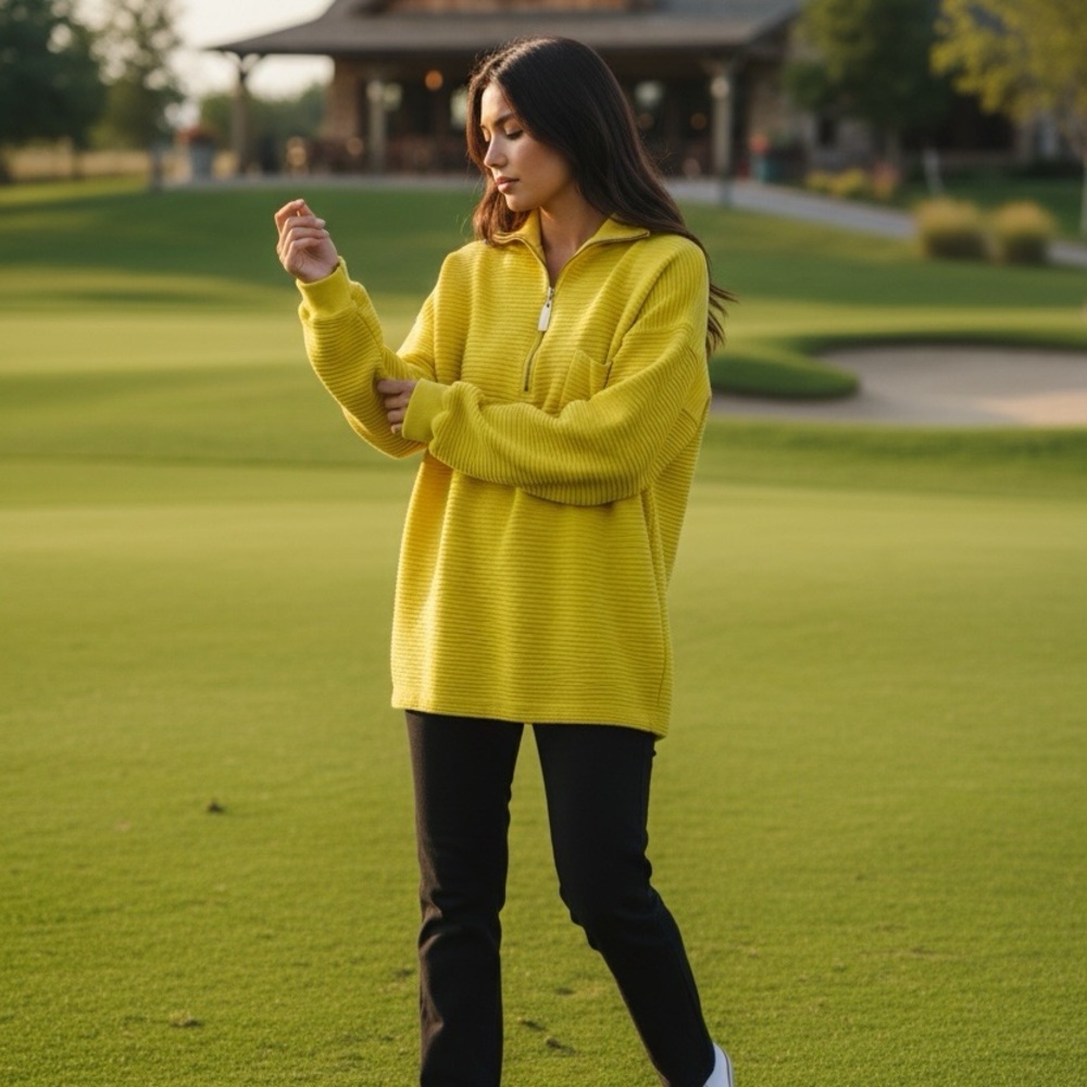 Classiques Sport Women's Yellow Ribbed 1/4 Zip Golf Pullover Size XL